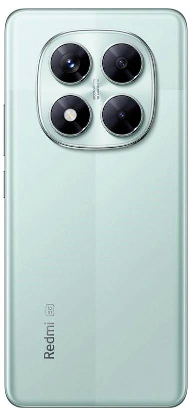 Ein minzgrünes Smartphone mit einer Quad-Kamera-Konfiguration auf der Rückseite und der 'Redmi' Markenbezeichnung.