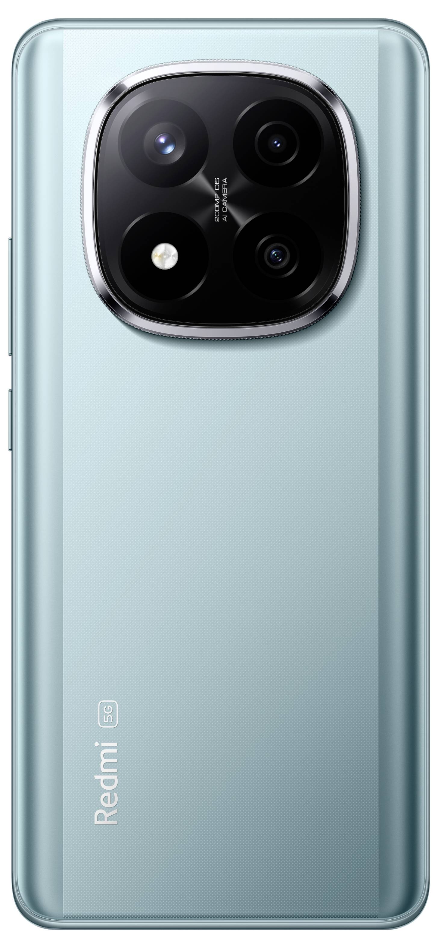 Ein türkisfarbenes Smartphone mit einer dreifachen Kameraanordnung auf der Rückseite, das eine reflektierende Oberfläche aufweist und den Text 