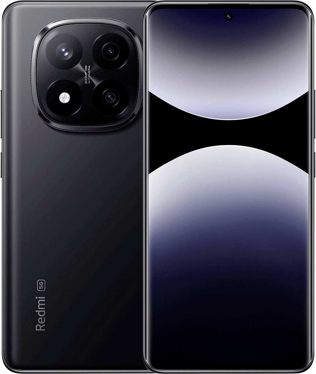 Ein schwarzes Smartphone mit einer Dreifach-Kameraanordnung und dem Wort 'Redmi' auf der Rückseite, zusammen mit einer Frontansicht, die den Bildschirm zeigt.