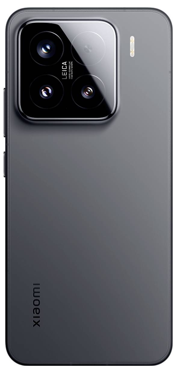 Ein Smartphone mit einer Triple-Kamera-Ausstattung und einem eleganten schwarzen Design, mit einem Markenlogo in der linken unteren Ecke.