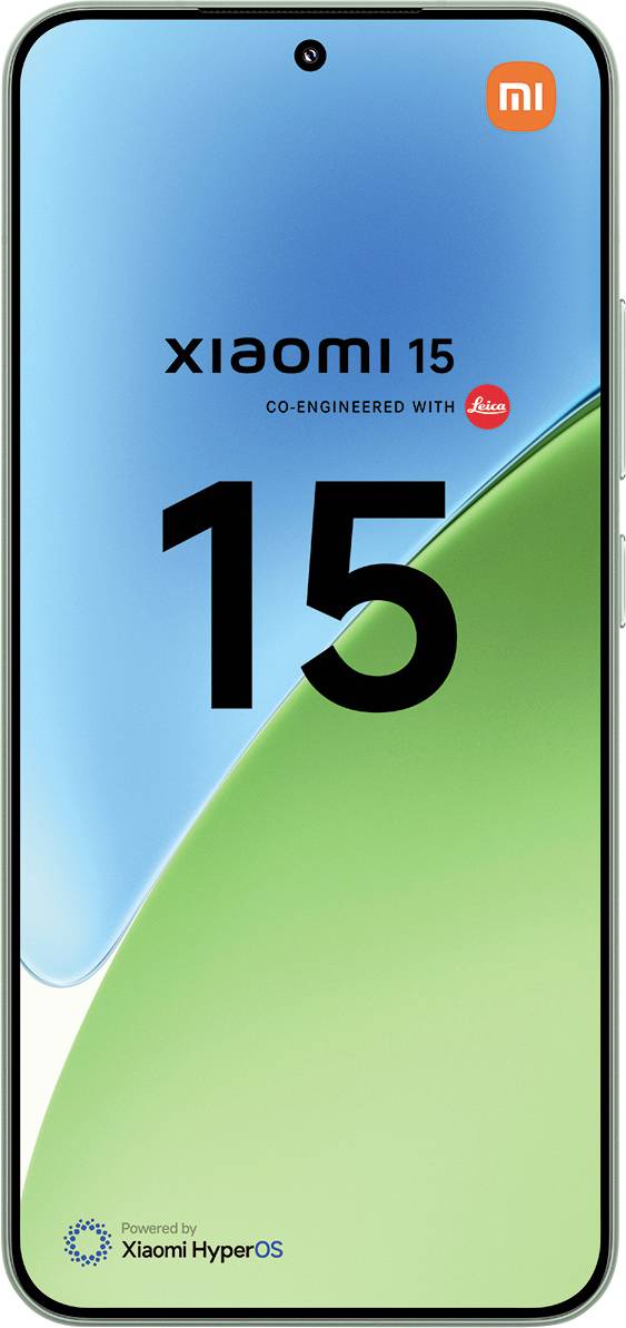 Smartphone-Bildschirm zeigt 'Xiaomi 15 - Co-engineered with Leica', mit einem blau-grünen Verlaufshintergrund.