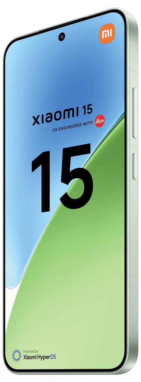 Smartphone mit blau und grün schimmerndem Bildschirm zeigt 'Xiaomi 15'. Oben rechts befindet sich das 'mi' Logo, der Text 'Co-entwickelt mit Leica' und 'Powered by Xiaomi HyperOS'.