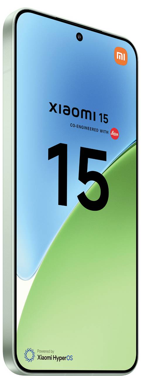 Xiaomi 15 Smartphone mit einem blau-grünen Farbverlaufsbildschirm, ausgestattet mit dem Text ‚Co-engineered with Leica' und ‚Powered by Xiaomi HyperOS'.
