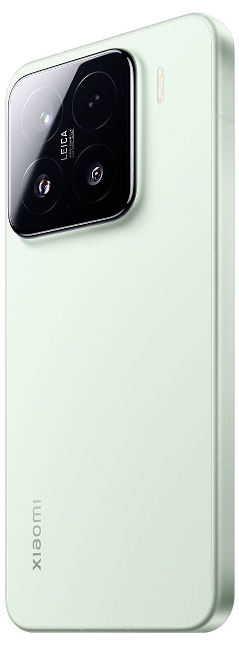 Hellgrünes Smartphone mit einem rechteckigen Kameramodul, das das Leica-Logo und mehrere Linsen trägt. Der Markenname 'Xiaomi' befindet sich an der Seite.