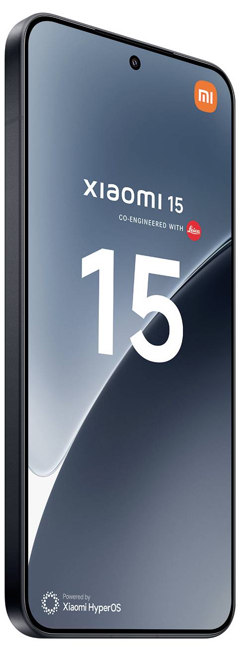 Xiaomi 15 Smartphone mit elegantem schwarzem Design, gemeinsam entwickelt mit Leica. Display zeigt „Powered by Xiaomi HyperOS