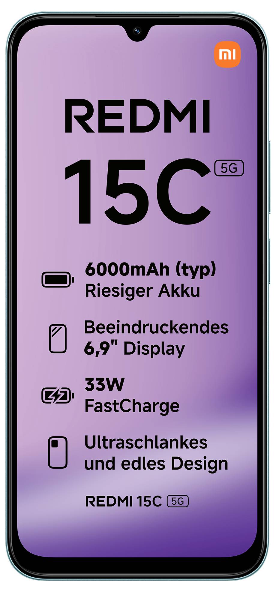 Smartphone-Display mit Text: 'REDMI 15C 5G', '6000mAh (typ) Riesiger Akku', 'Beeindruckendes 6.79