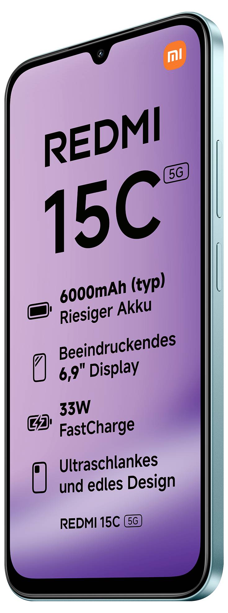 Smartphone-Bild mit Funktionen: 'REDMI 15C 5G', '6000mAh Akku', '6,9