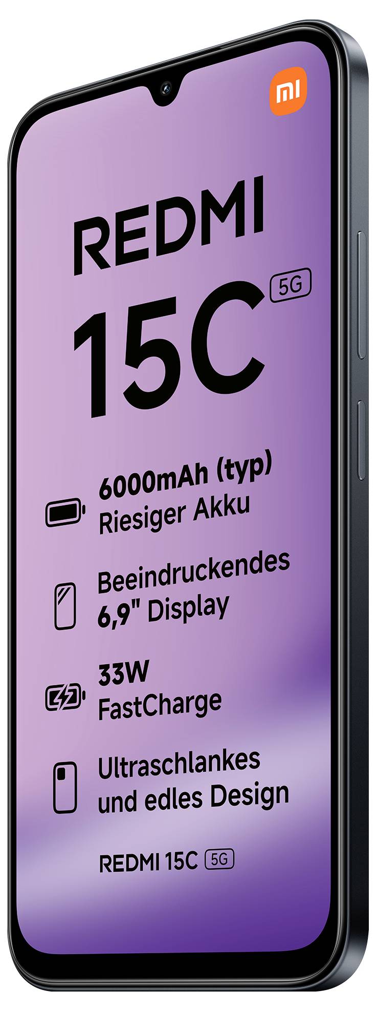 Smartphone mit Textmarkierungsfunktionen: 'REDMI 15C, 6000-mAh-Akku, 6,9-Zoll-Display, 33-W-Schnellladung, elegantes Design.'