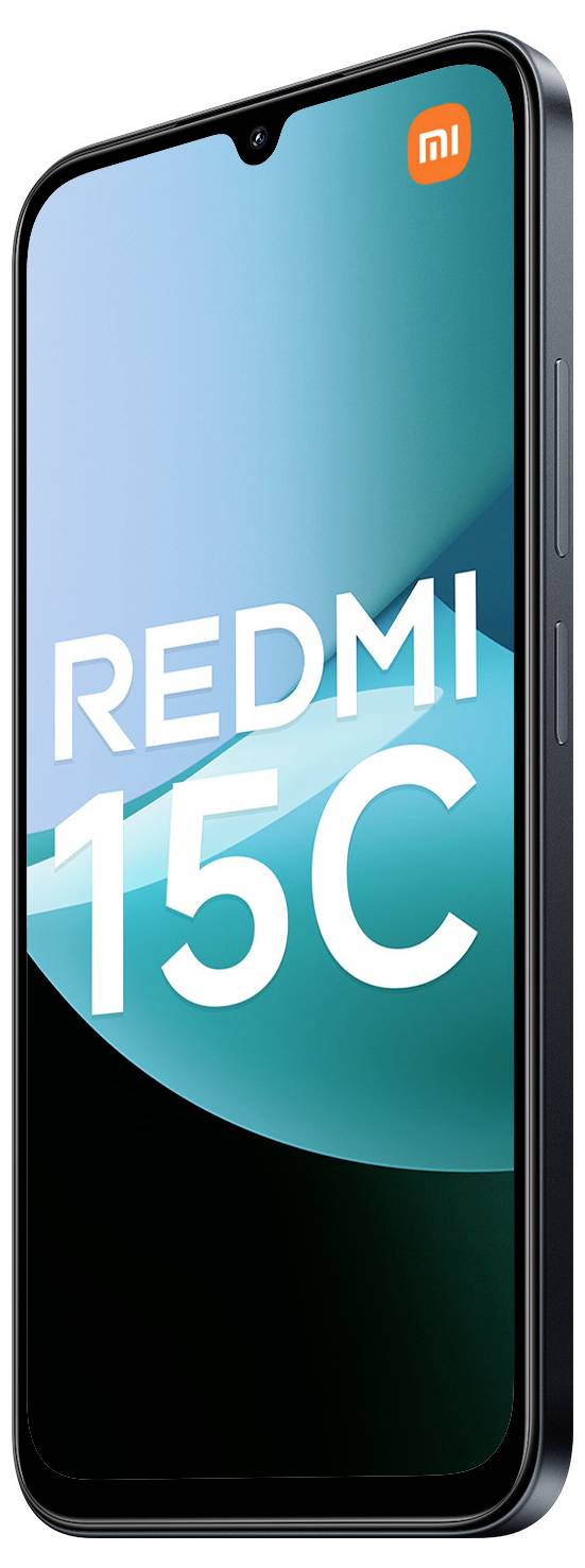 Smartphone mit 'Redmi 15C' auf dem Bildschirm angezeigt. Schwarzer Rahmen, Bildschirm zeigt abstraktes petrol- und schwarzes Design, Herstellerlogo.