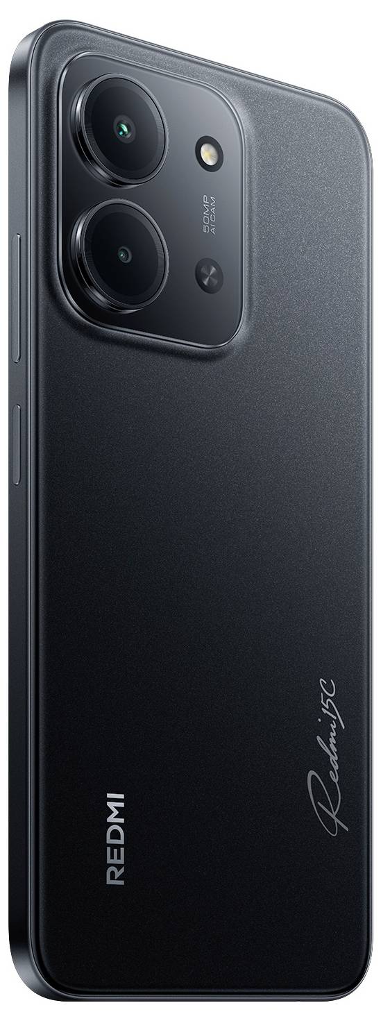 Ein Smartphone mit dunkler Metalloberfläche, ausgestattet mit dualen Rückkameras und Branding von 'Redmi'.