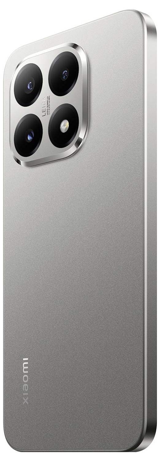 Ein schlankes, silbernes Smartphone mit einem quadratischen Kameramodul, das vier Objektive umfasst und ein modernes Design von Xiaomi präsentiert.