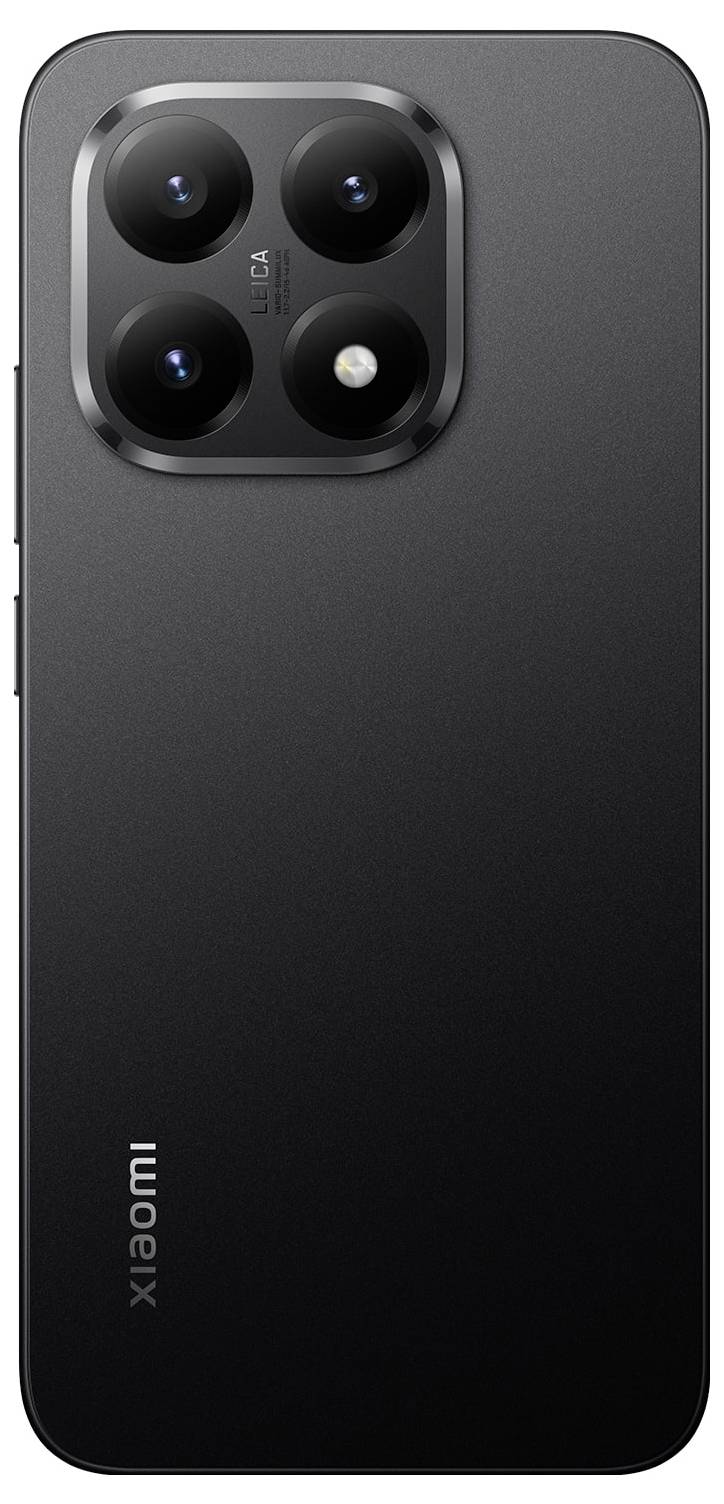 Schwarzes Smartphone mit drei Kameraobjektiven und einem Blitz in der oberen linken Ecke auf der Rückseite. Der Markenname ist am unteren Rand sichtbar.