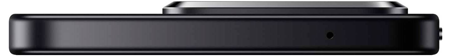 Ein schlankes, schwarzes elektronisches Gerät mit abgerundeten Kanten, das einen Knopf an der Seite und ein kleines Loch aufweist, von der Seite betrachtet.