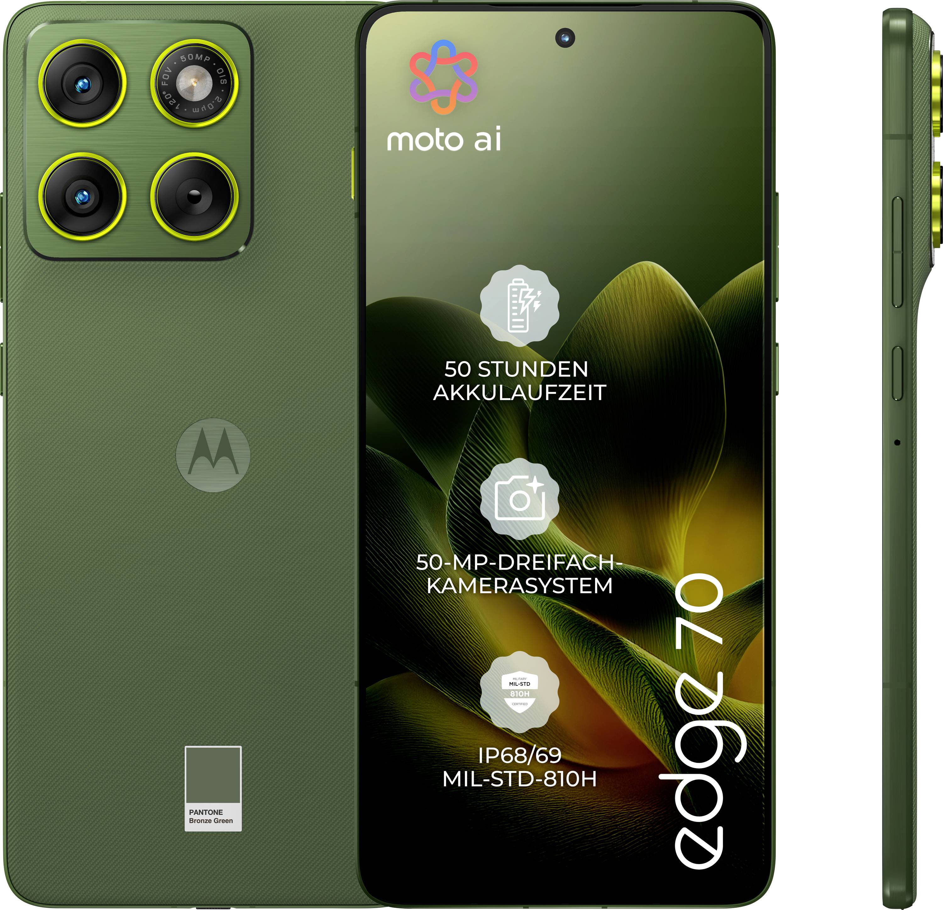 Front- und Seitenansicht des 'moto edge 40' Smartphones in Grün, das sein Kamerasystem, eine Akkulaufzeit von 50 Stunden und Robustheitsstandards präsentiert.