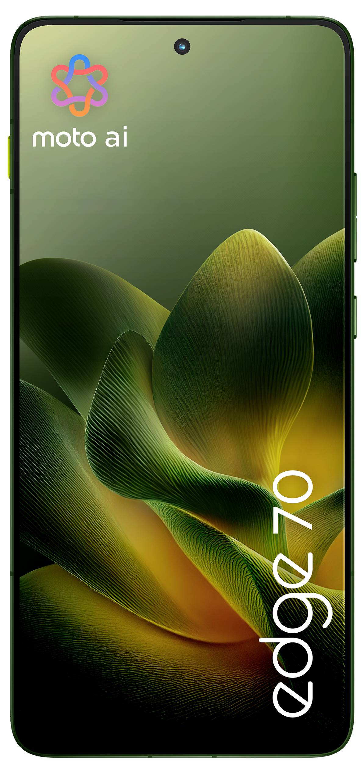 Smartphone-Frontansicht mit einem dynamischen grün-gelben abstrakten Design auf dem Bildschirm und dem Text 