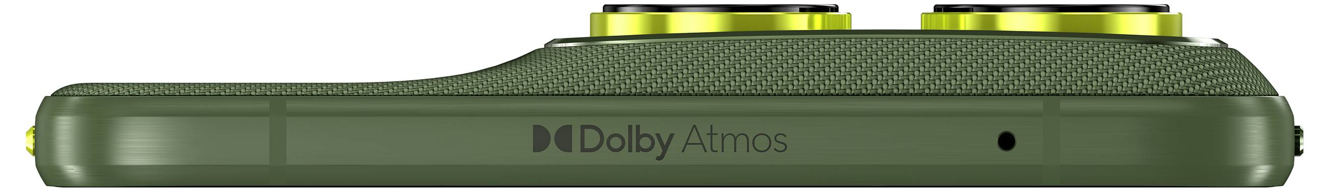 Schlankes grünes Smartphone in Seitenansicht mit Dolby-Atmos-Branding, das zwei hervorstehende gelbe kreisförmige Kameraobjektive am oberen Rand zeigt.