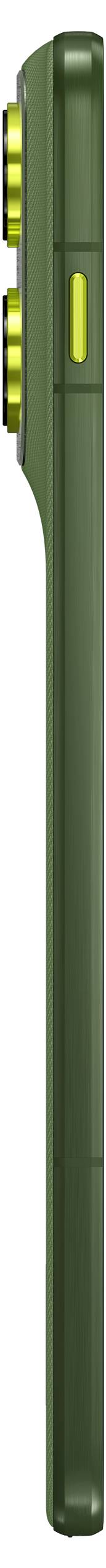 Seitenansicht eines grünen Smartphones mit drei Rückkameras und einem Knopf.