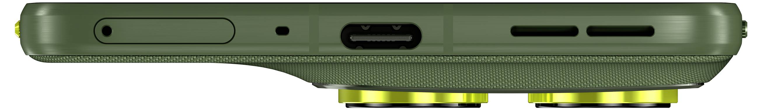 Eine Nahaufnahme einer grünen Geräteseite mit verschiedenen Anschlüssen und Tasten, die Designdetails und zwei gelbe gebogene Elemente darunter hervorhebt.