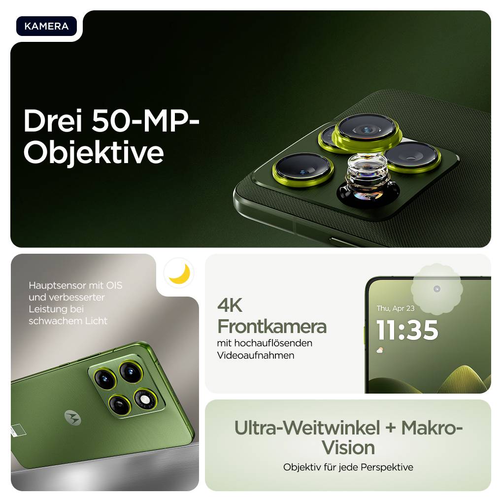 Smartphone mit drei 50-MP-Objektiven, 4K-Frontkamera und Ultra-Weitwinkel. Hervorstehende Kamera mit Text über Funktionen.