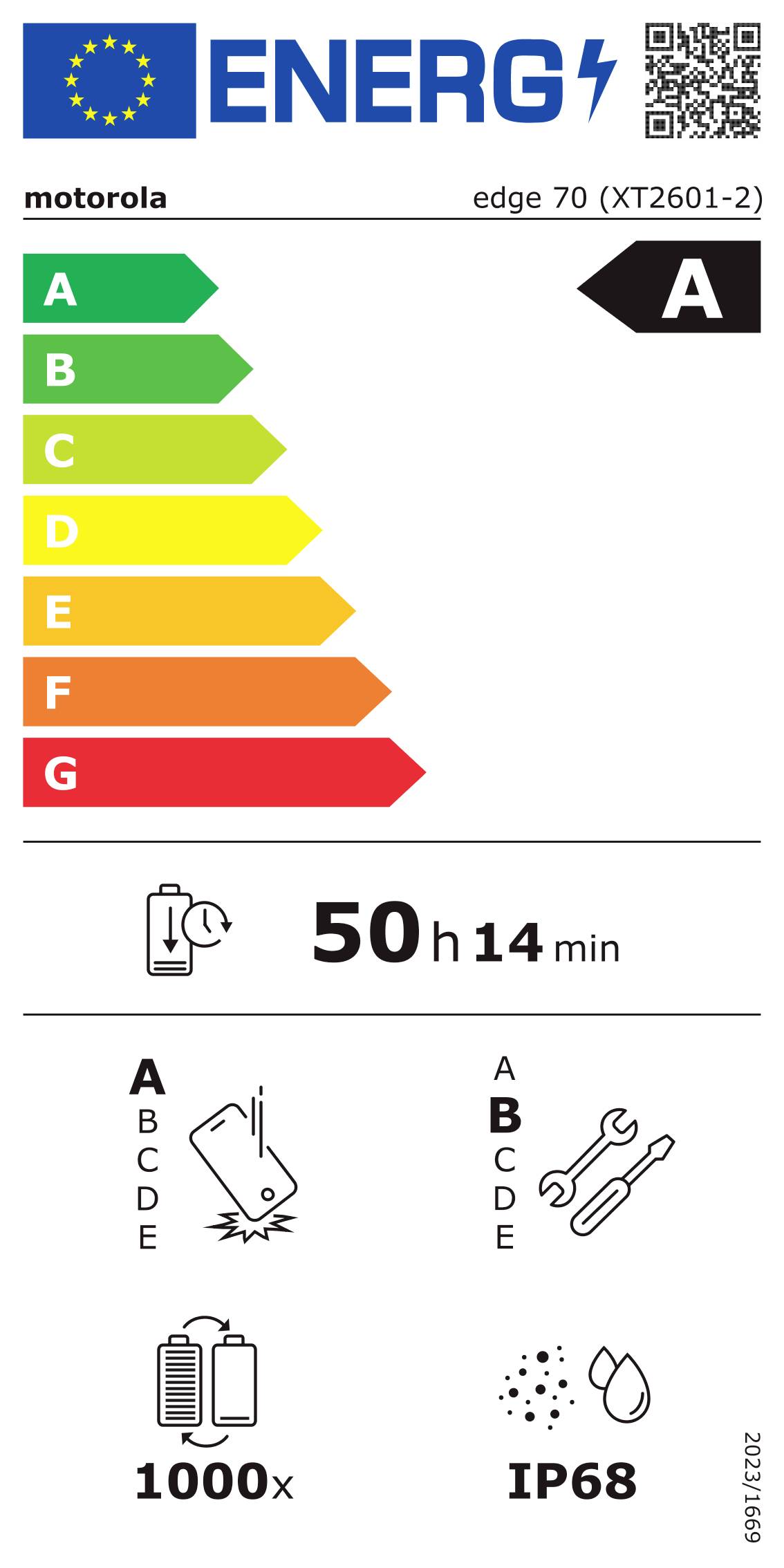 'Energo'-Etikett mit Motorola Edge 70 (XT2601-2) mit Energieeffizienzklasse A. Akku hält 50 Stunden und 14 Minuten. Zeigt Lade- und IP68-Wasserschutz-Symbole.