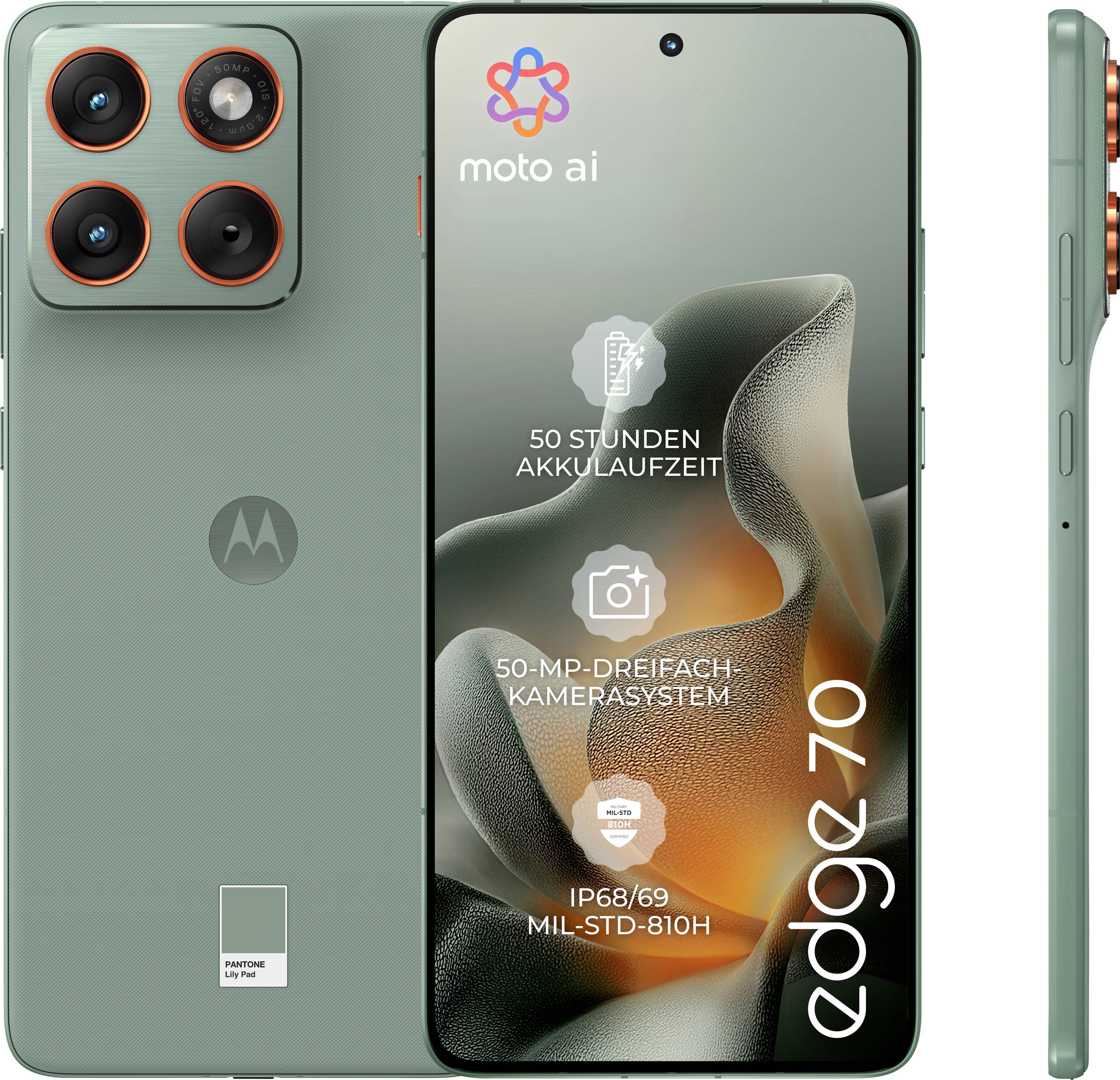 Frontansicht eines grünen Smartphones mit der Anzeige 'moto ai', '50 Stunden Akkulaufzeit' und 'IP68/69 MIL-STD-810H', ausgestattet mit drei Rückkameras.
