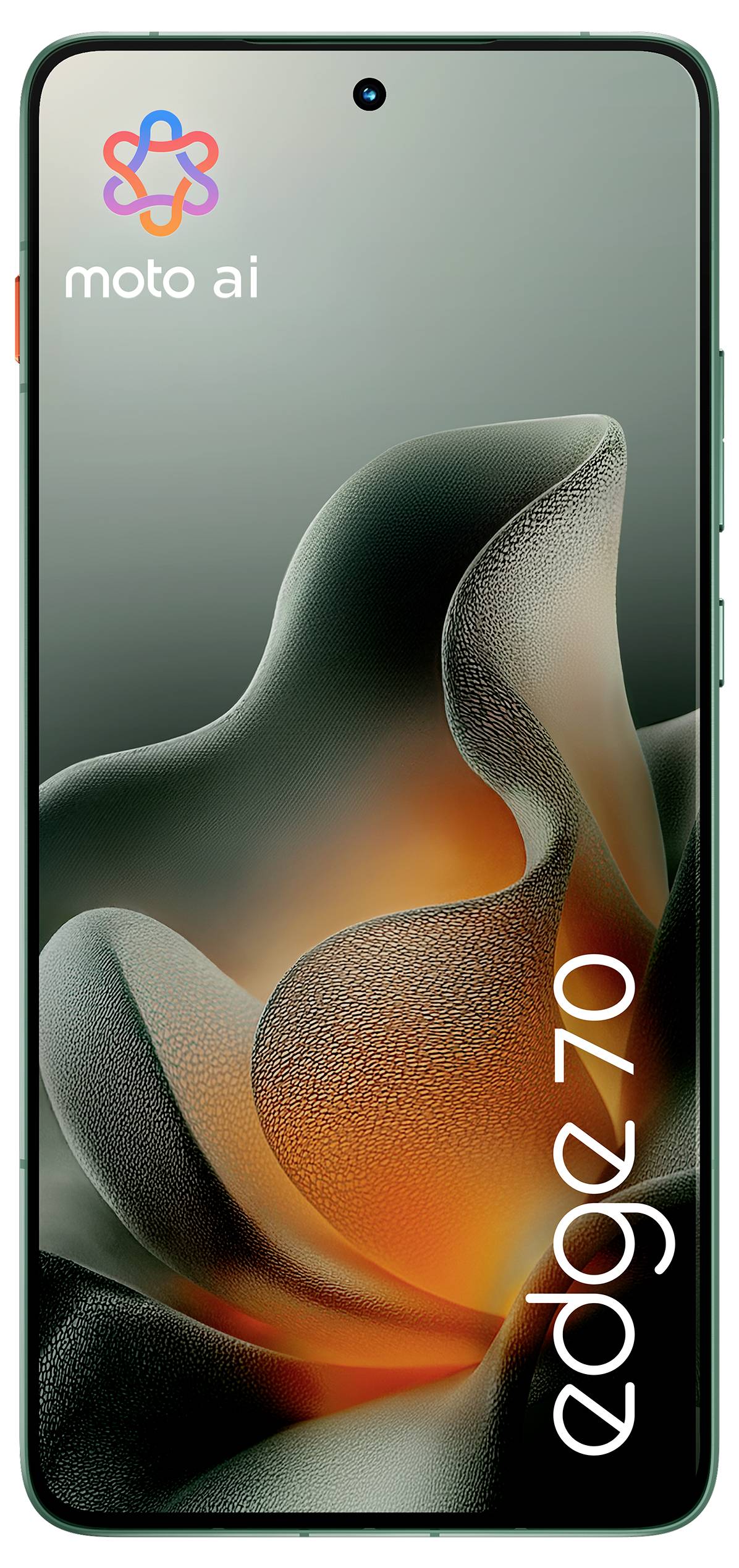 Bild eines Smartphones mit einem abstrakten Hintergrund, wobei der Text 'moto ai' oben links und 'edge 40' vertikal rechts angezeigt wird.