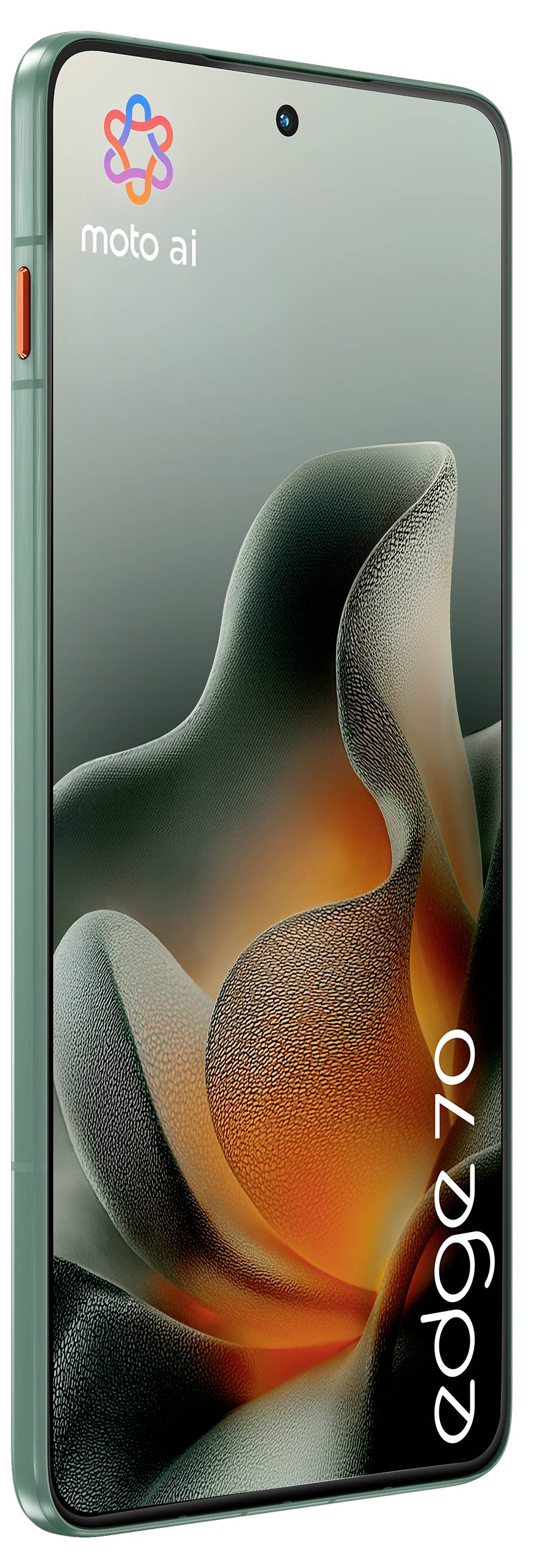 Ein Smartphone mit geschwungener Form und einem abstrakten orangefarbenen und grauen Hintergrund. Das Logo 'moto ai' und der Text 'edge 40' sind zu sehen.