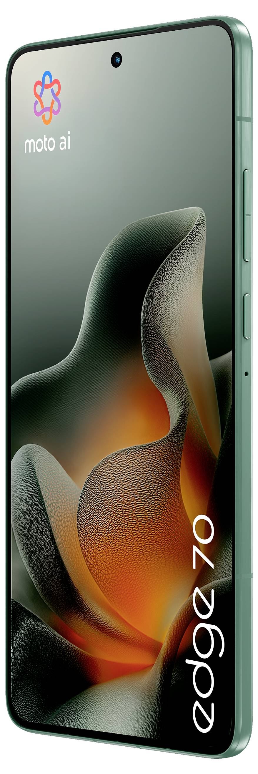 Ein schlankes Smartphone mit einem farbenfrohen abstrakten Design auf dem Bildschirm, beschriftet mit 'moto ai' und 'edge 70'.
