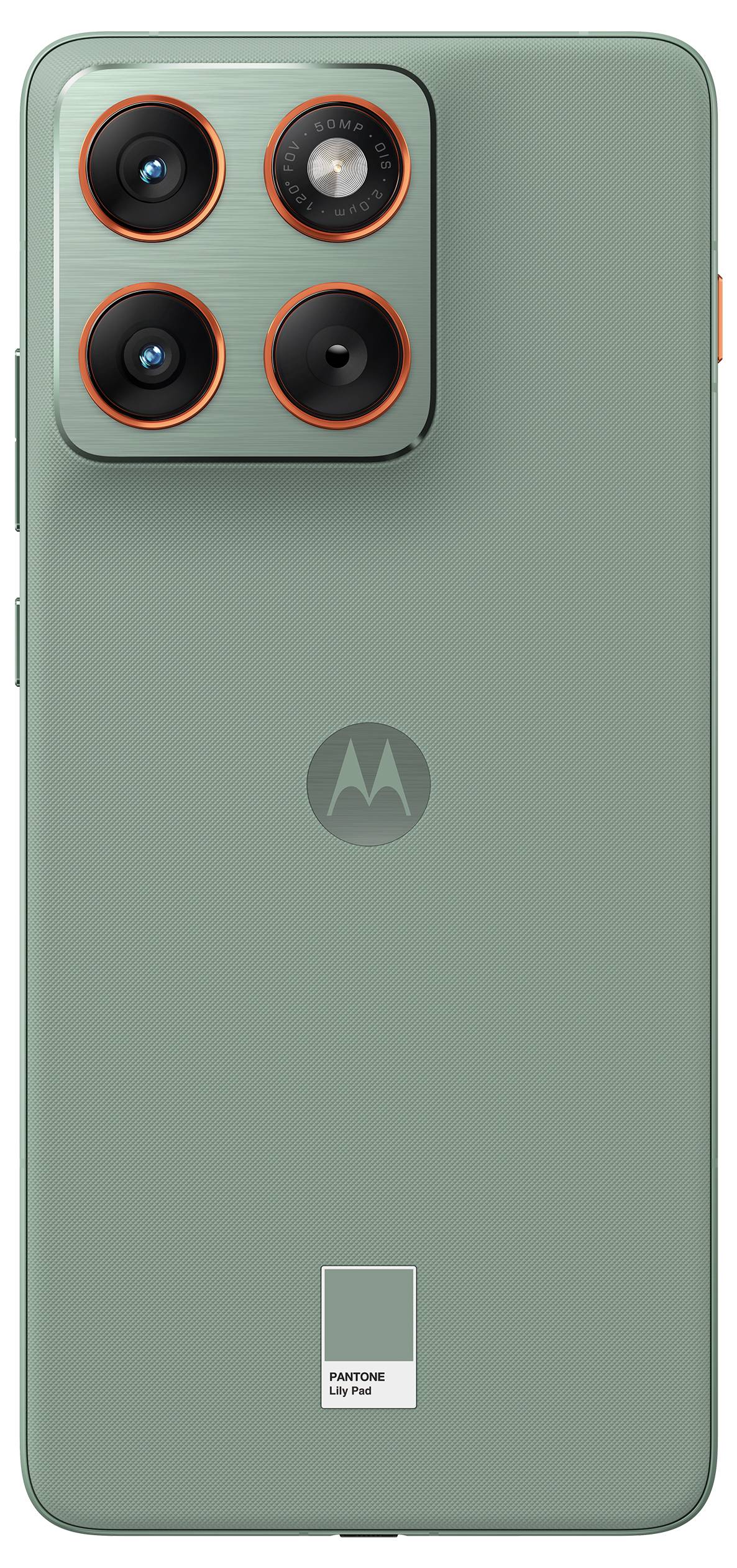 Grünes Smartphone mit drei Linsen und einem Blitz auf der Rückseite, Motorola-Logo in der Mitte, Pantone-Farbcode 16-5923 am unteren Rand.