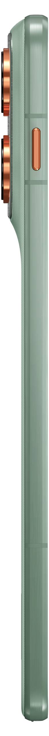 Seitenansicht eines grünen Smartphones mit drei Rückkameras und einem orangefarbenen Button.