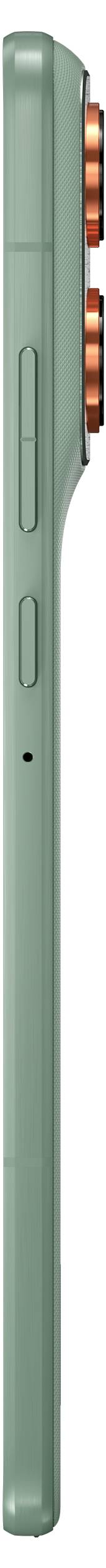 Seitenansicht eines schlanken, grünen Smartphones mit orangefarbenen Kameralinsen und Lautstärketasten.