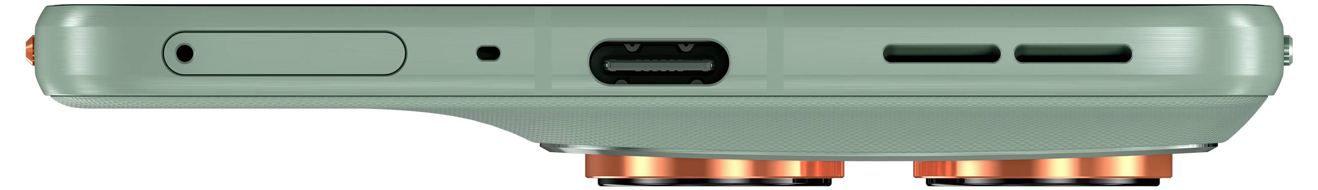 Ein grünes Smartphone in Seitenansicht mit Lautstärketasten, Ladeanschluss und Lautsprechergittern, wobei die hervorstehenden Kameralinsen orange Akzente aufweisen.