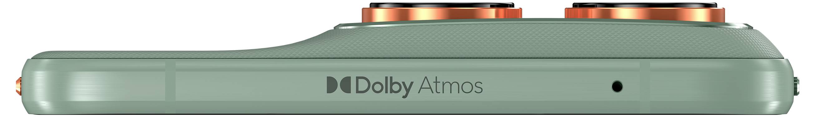Ein grünes elektronisches Gerät mit dem 'Dolby Atmos' Logo und zwei kreisförmigen orangefarbenen Elementen oben.