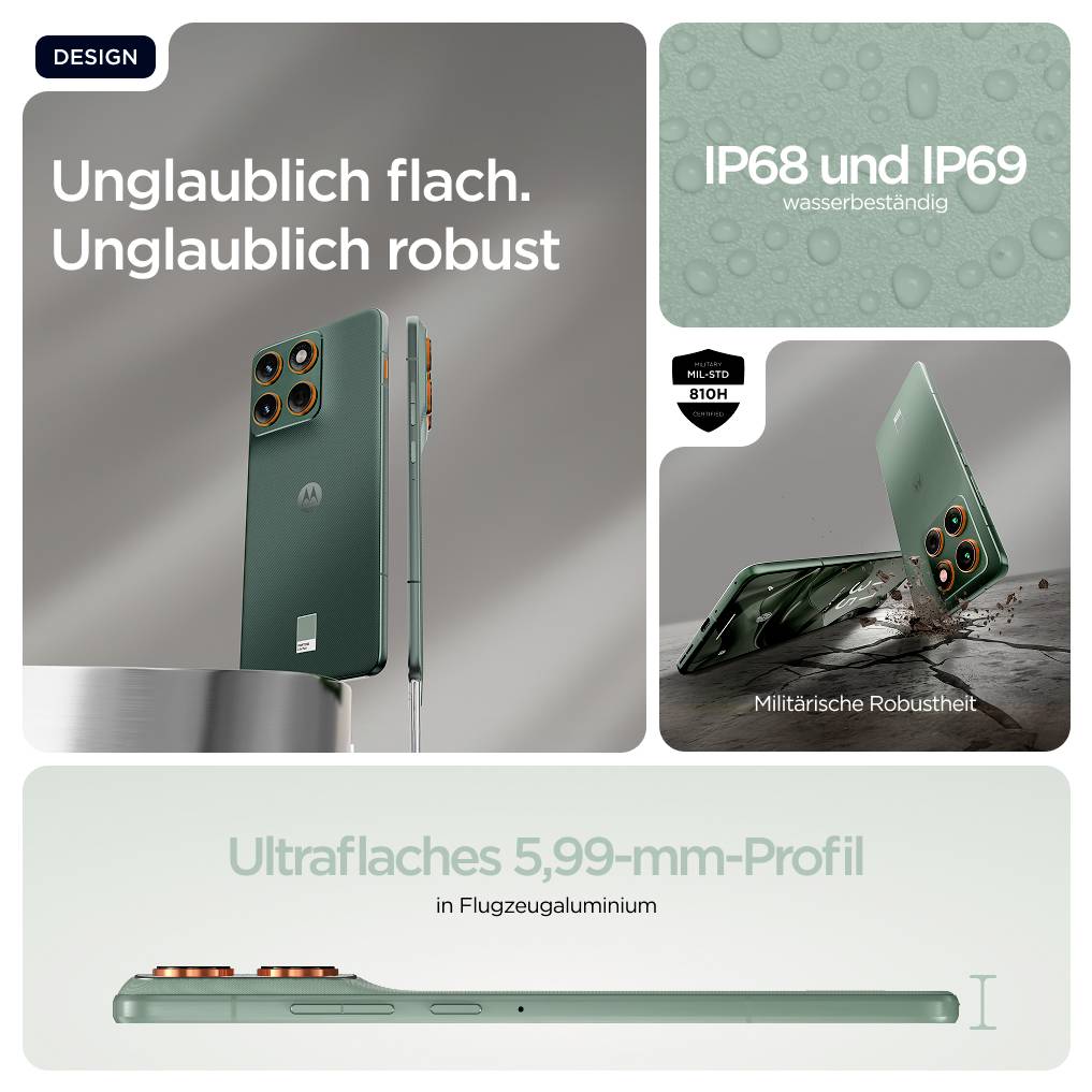 Flaches Smartphone mit grünem Gehäuse, beworben als wasserbeständig mit IP68/IP69. Robustes Design, militärische Robustheit, 5,99 mm dünn.