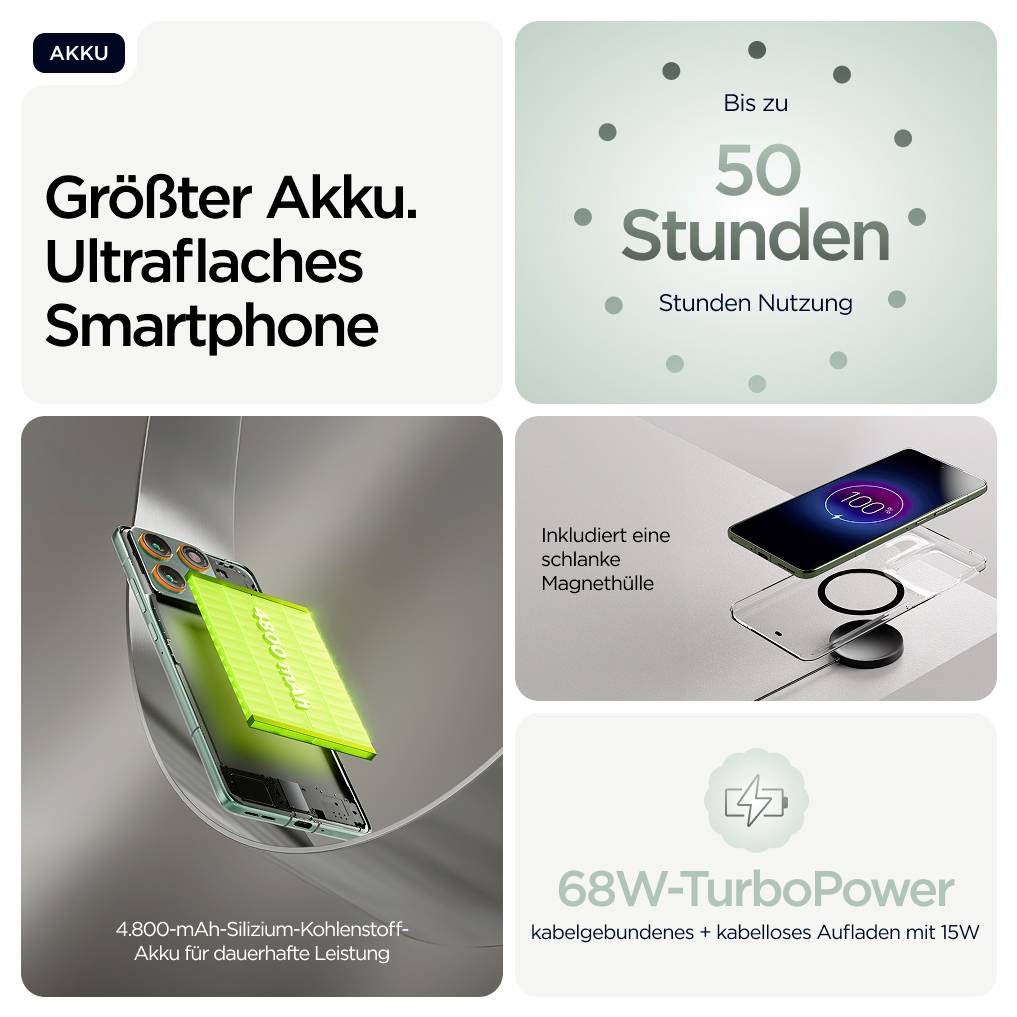 Akkordeon-Bild des Smartphones: Größter Akku, ultraflaches Design. Bis zu 50 Stunden Nutzung. 4.800-mAh-Akku. 68W TurboPower-Laden.