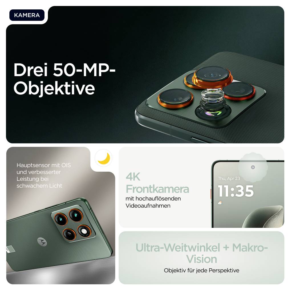 'Drei 50-MP-Objektive' und '4K Frontkamera' auf grünem Smartphone hervorgehoben. Beschriftungen: 'Hauptsensor bei schwachem Licht', 'Ultra-Weitwinkel + Makro-Vision'.