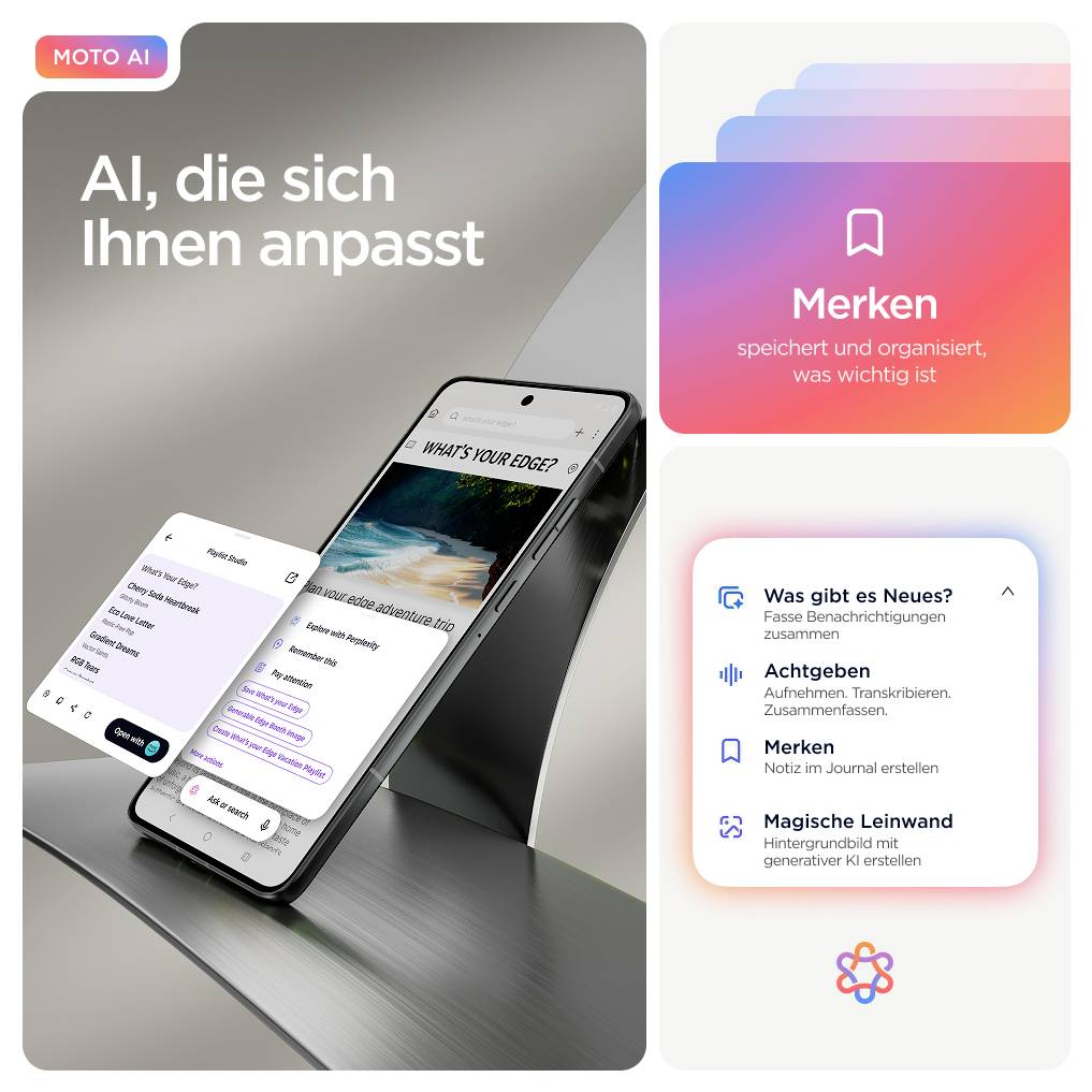 'AI, die sich Ihnen anpasst.' Bildschirm mit Smartphone-Display zeigt 'What's Your Edge?' und App-Funktionen wie 'Merken'.