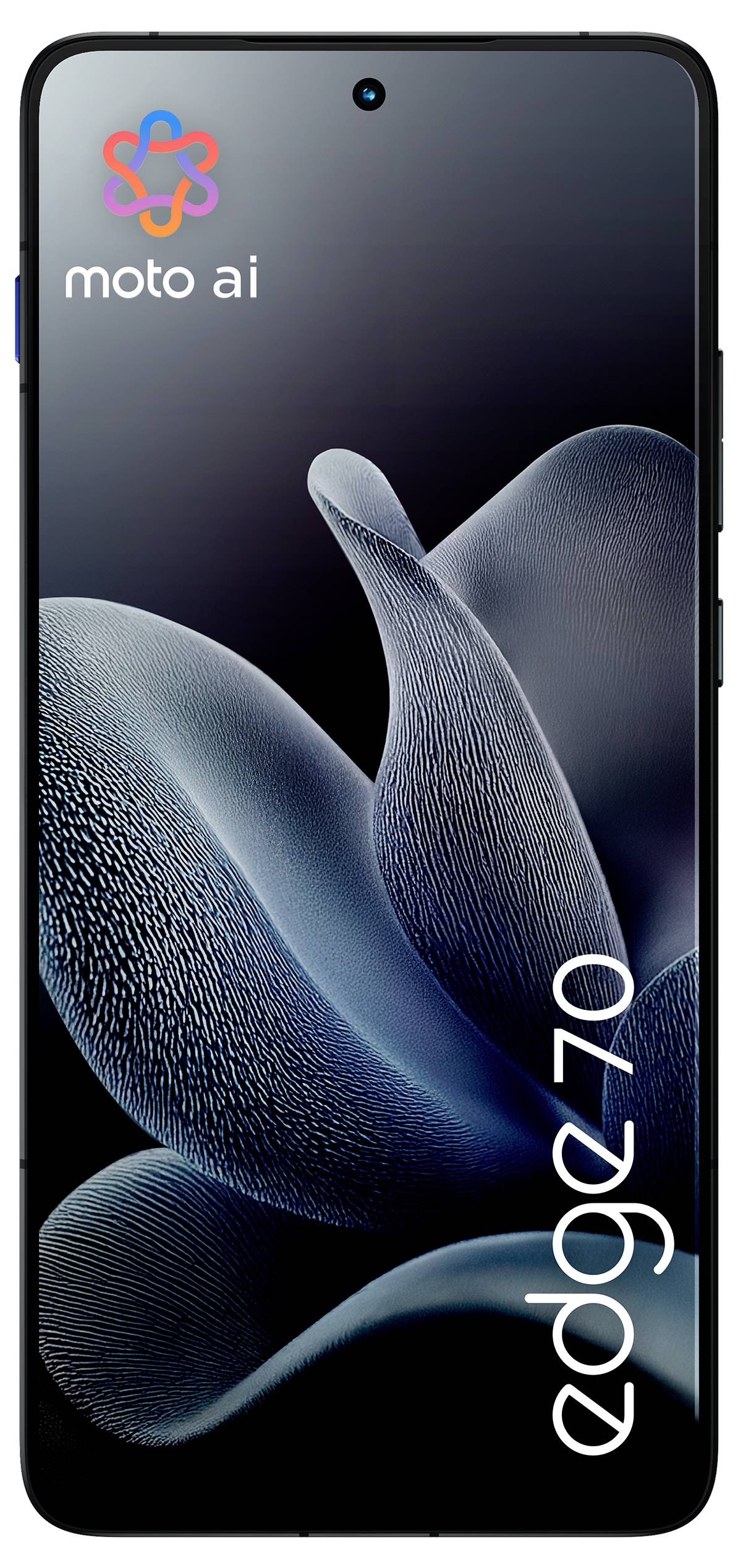 Smartphone, der den Text 'moto ai' und 'goggle' auf dem Bildschirm anzeigt, mit einem stilisierten abstrakten Blütenblattdesign als Hintergrund.