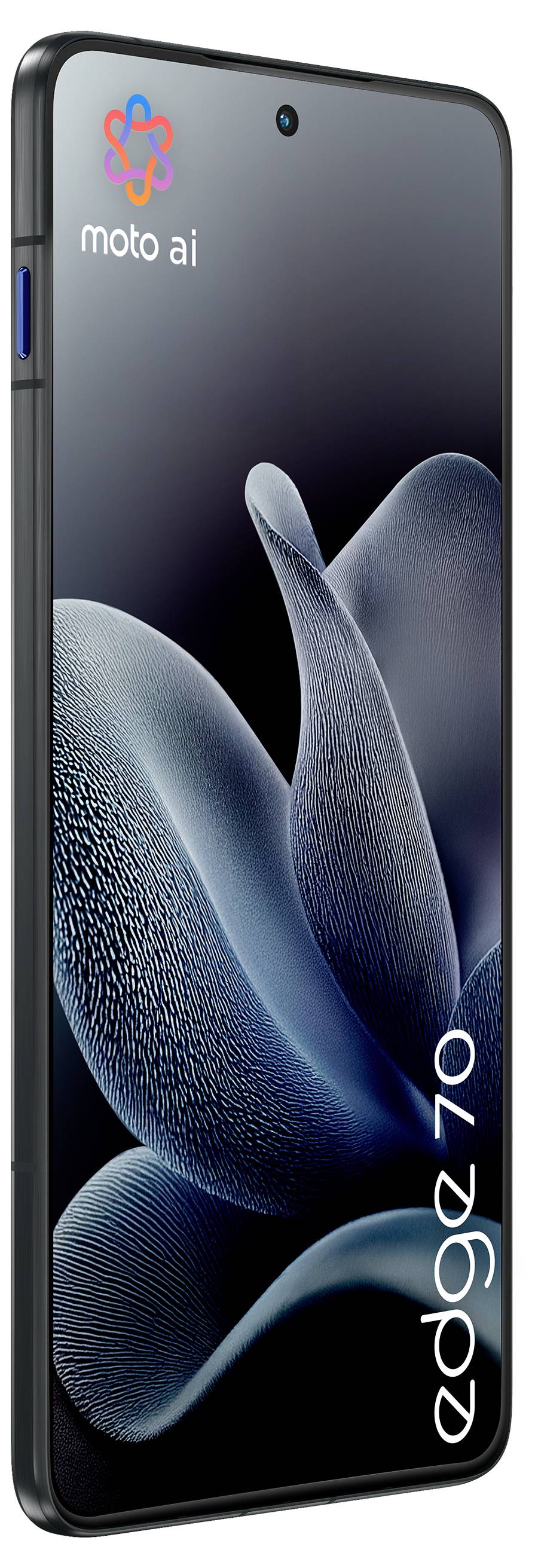Ein schlankes Smartphone mit einem vertikalen blauen Blumendesign auf dem Bildschirm. 'moto ai' Logo oben links; 'gogo 7o' Text rechts.