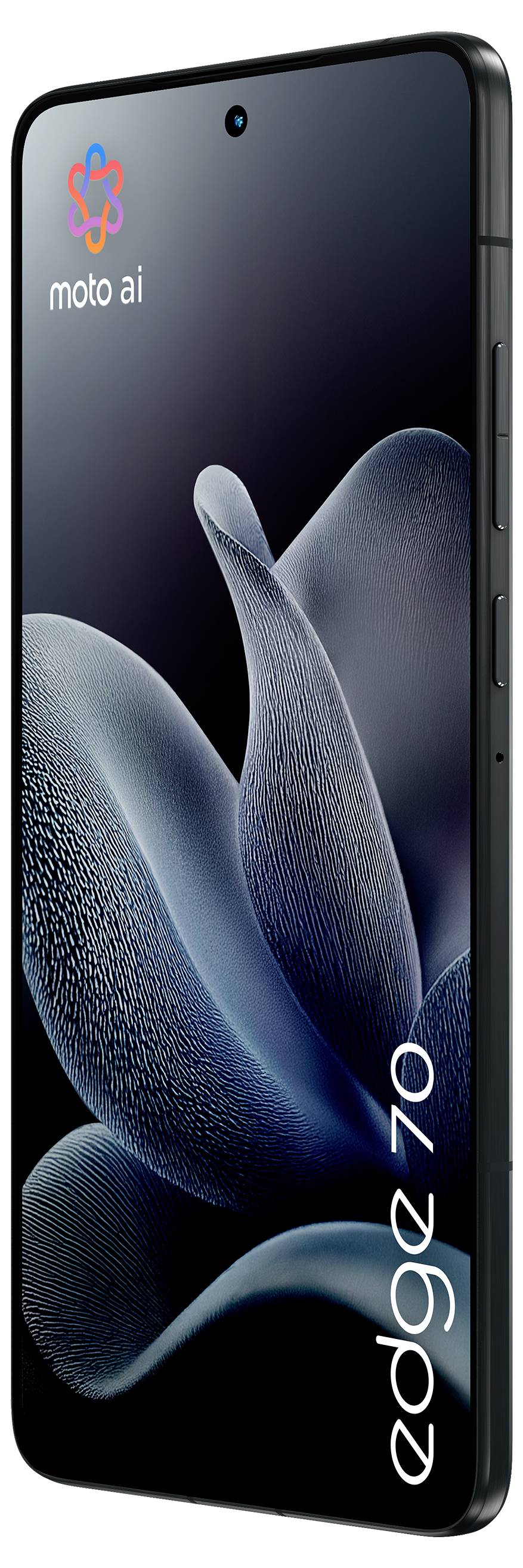 Ein Smartphone, das ein elegantes, abstraktes Design auf dem Bildschirm zeigt, mit der Markierung 'edge 40' an der Seite und dem 'moto ai' Logo am oberen Rand.
