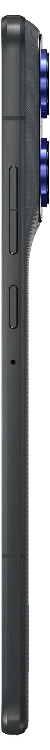 Seitenansicht eines schwarzen Smartphones mit Lautstärke- und Einschalttasten, dessen blaue Kameraobjektive aus der oberen rechten Ecke hervorragen.