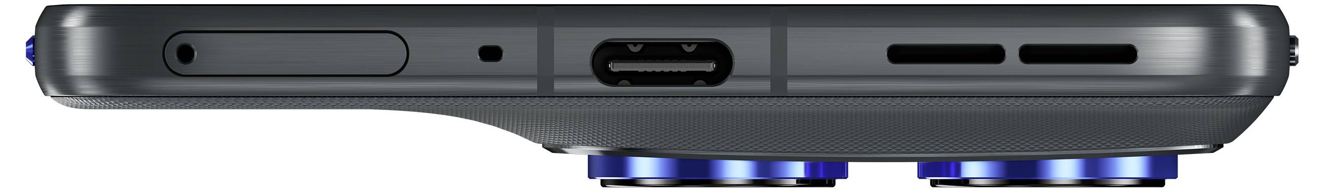 Eine Nahaufnahme des unteren Randes eines Smartphones, die einen USB-C-Anschluss, Lautsprecher-Gitter und metallic blaue Kameraobjektive zeigt, die hervorstehen.