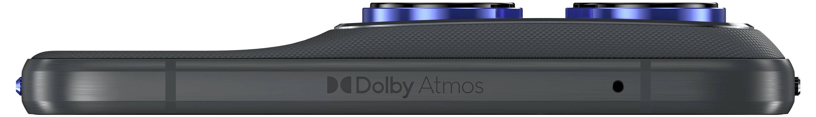 Seitenansicht eines schwarzen Geräts mit zwei blauen Linsen an der Oberseite, mit dem Text 'Dolby Atmos', was auf Audio-Verstärkungstechnologie hindeutet.