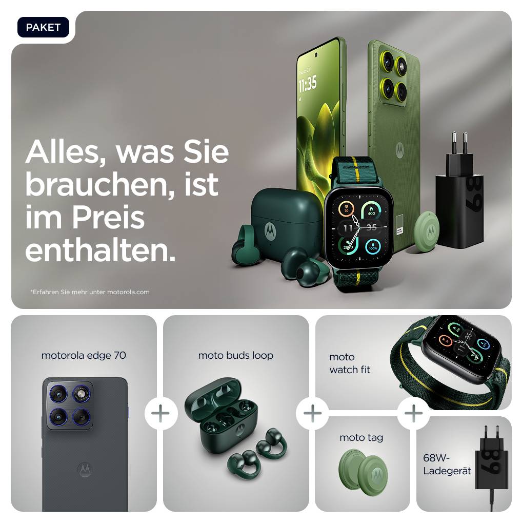 Ein Werbebild zeigt das motorola edge 70 Smartphone, moto watch 70, moto buds loop, moto tag und ein 68W-Ladegerät. Text: 'Alles, was Sie brauchen, ist im Preis enthalten.'