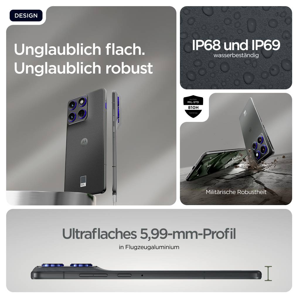 'Unglaublich flach. Unglaublich robust.' Smartphone mit militärischem Schutz, IP68/69 wasserdicht, 5,99-mm-Profil aus Flugzeugaluminium.