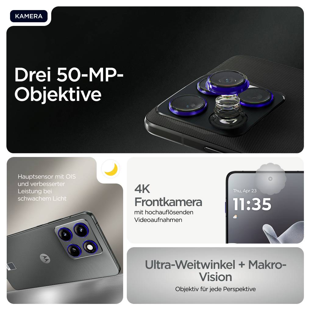 Drei 50-MP-Objektive: Hauptsensor mit OIS, 4K Frontkamera, Ultra-Weitwinkel + Makro-Vision. Objektiv für jede Perspektive.