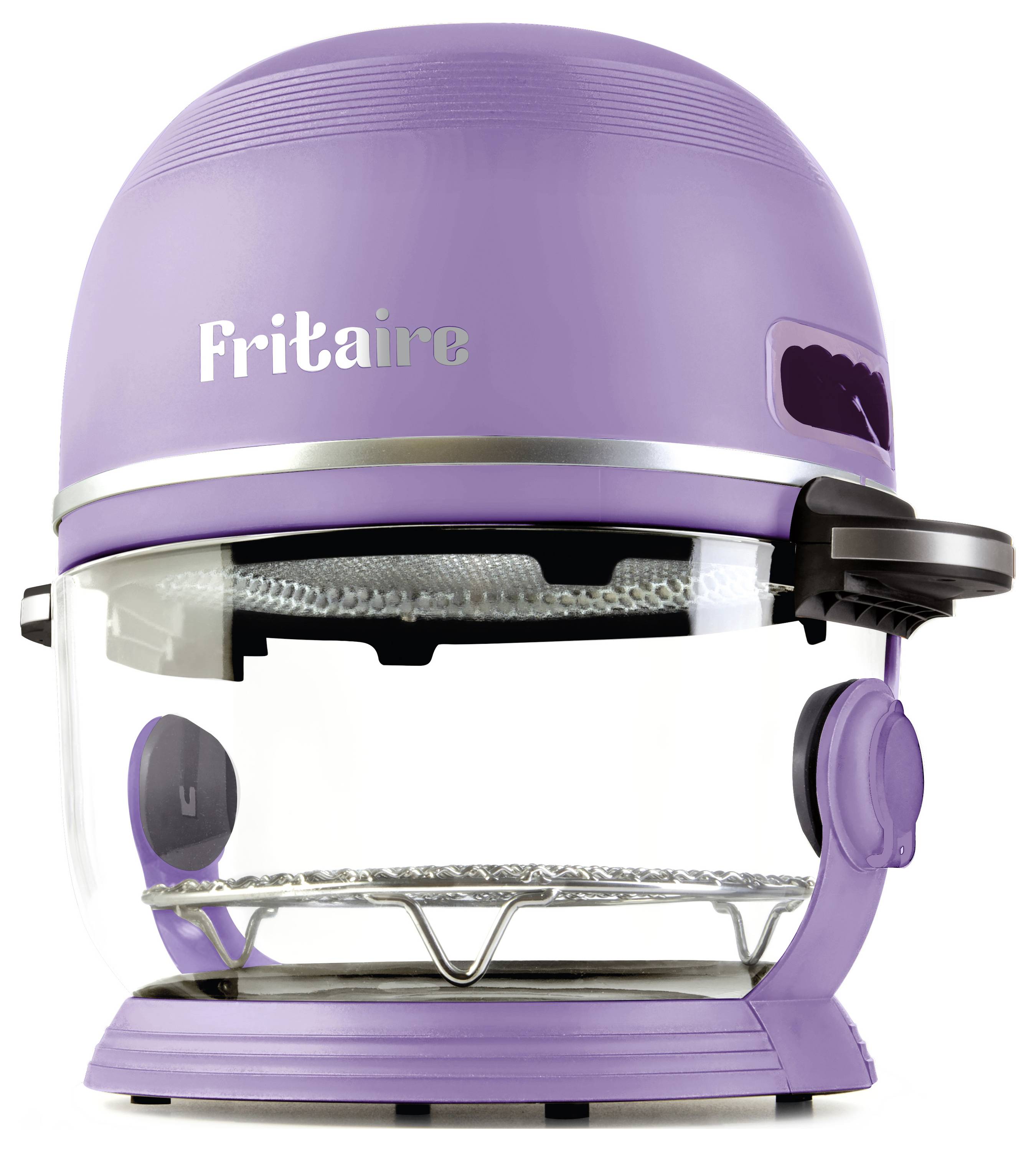 Ein lila 'Fritaire' Heißluftfritteur mit einer transparenten Glasschüssel und metallischen Akzenten, entwickelt zum Kochen ohne Öl.