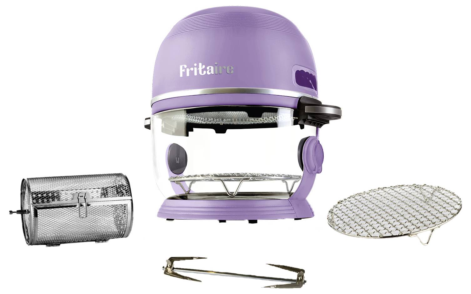Ein lila Heißluftfritteuse mit Glaskörper, rotierendem Korb, Drahtrost und Zange, konzipiert für vielseitige Koch- und Frittiermöglichkeiten.