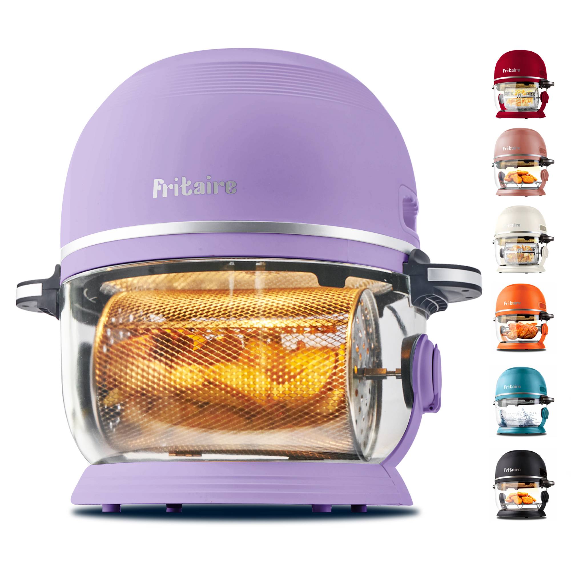 Ein lila Heißluftfritteuse mit einem rotierenden Korb, in dem goldbraune Pommes frites leuchten. Verschiedene Farboptionen werden rechts daneben präsentiert.