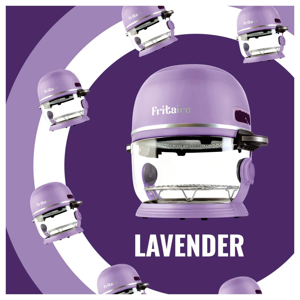Ein lavendelpurpurner Heißluftfritteuse mit dem Markennamen 'Fritaire'. Dekoratives Design mit mehreren kleinen Bildern des Geräts rundherum.
